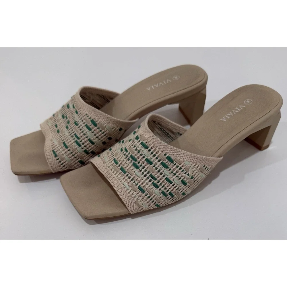 Vivaia Juliet Pro Sandals Beige/Green Square Toe Block Heel Womens EU‎ 38 US 7